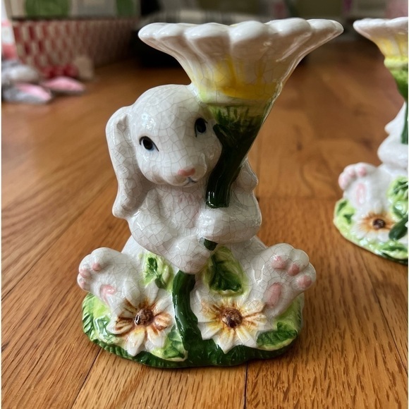 Hand painted Spring White Bunny Ceramic Candle holder Easter Bunny Crackle Paint - Picture 7 of 11